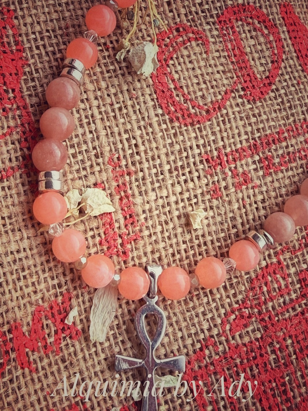Coral-Peach moonstone Beaded Necklace with 925 Italian Silver Ankh